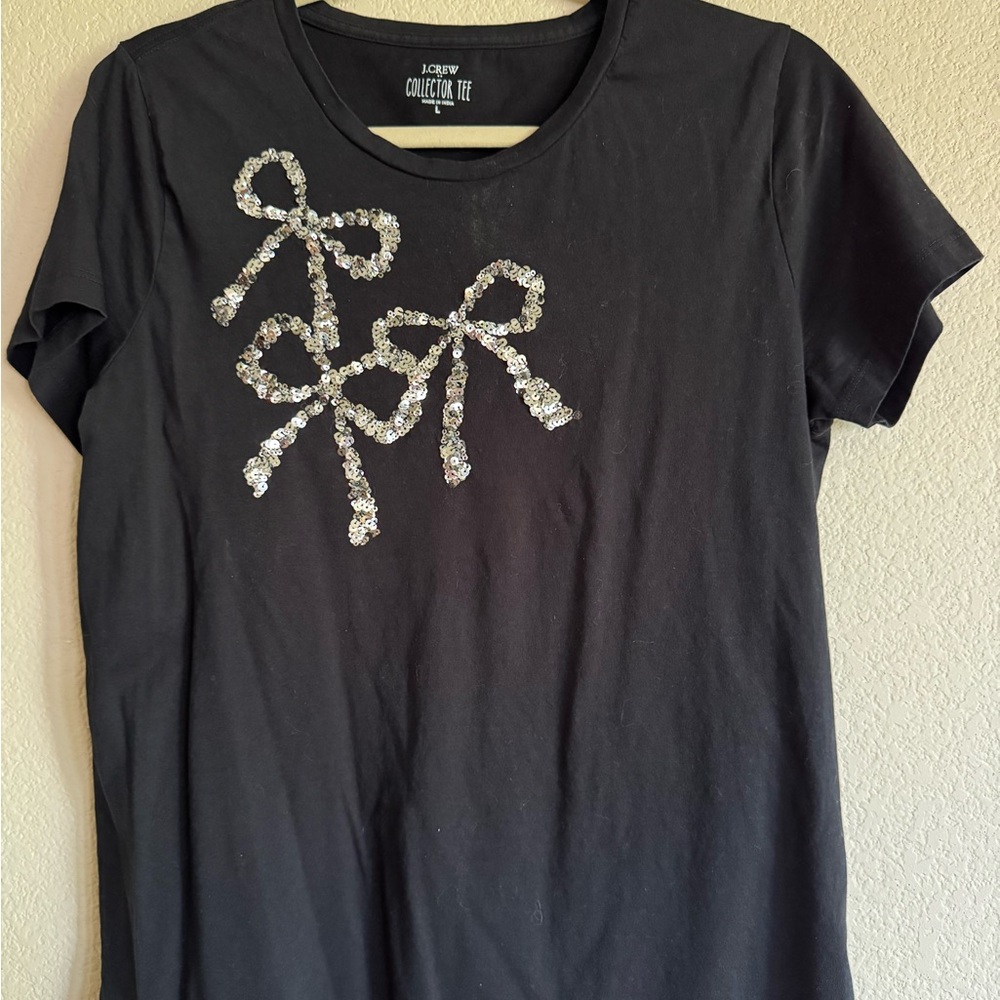 J. Crew Factory Black Tee with Silver Sequin Bows